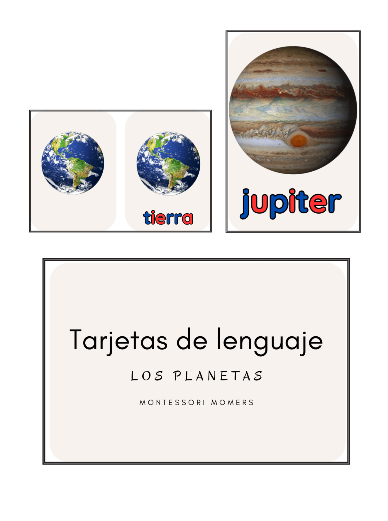 Tarjetas de lenguaje en tres partes: los planetas - Montessori Momers