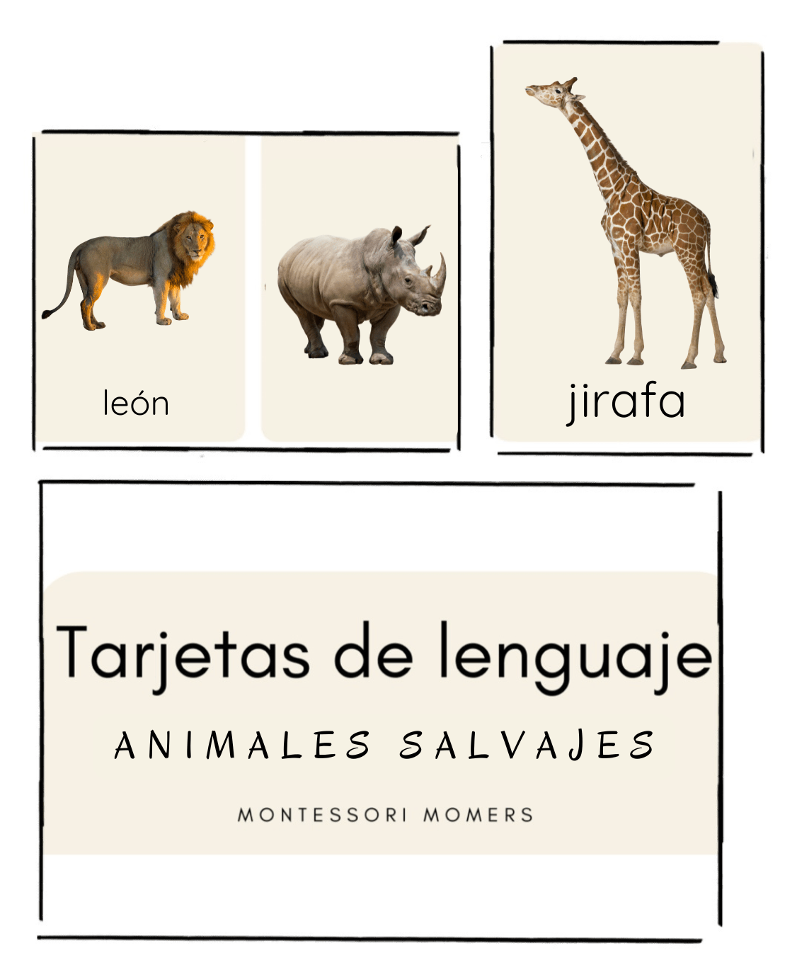Tarjetas de lenguaje en tres partes: Animales Salvajes - Montessori Momers