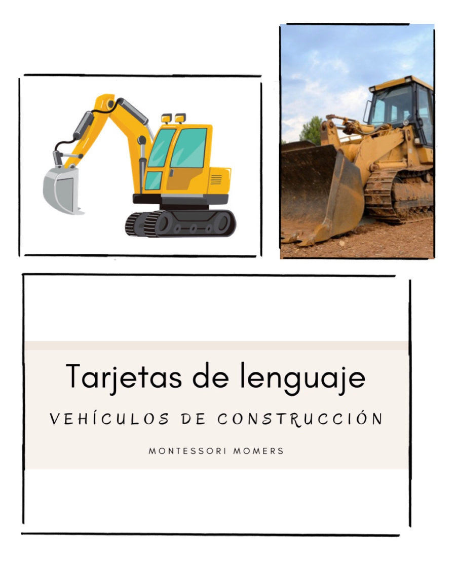 Tarjetas de lenguaje en tres partes: vehiculos de construccion