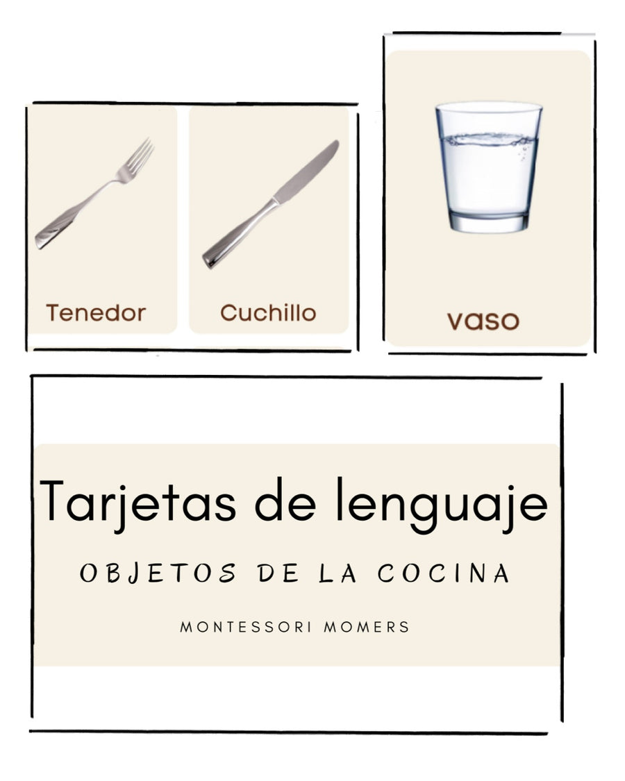 Tarjetas de lenguaje en tres partes: objetos de cocina