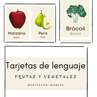 Tarjetas de lenguaje en tres partes: las frutas y las vegetales