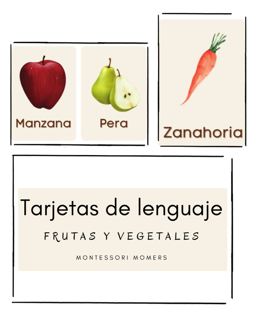 Tarjetas de lenguaje en tres partes: las frutas y las vegetales