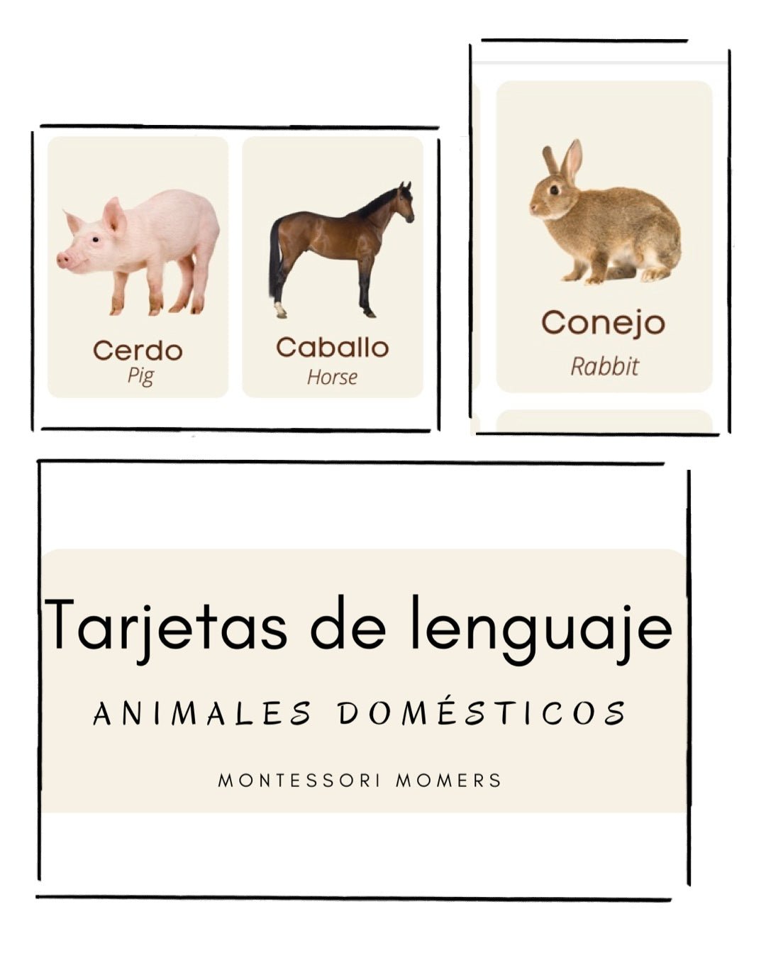 Tarjetas de lenguaje en tres partes: los animales domésticos - Montessori Momers
