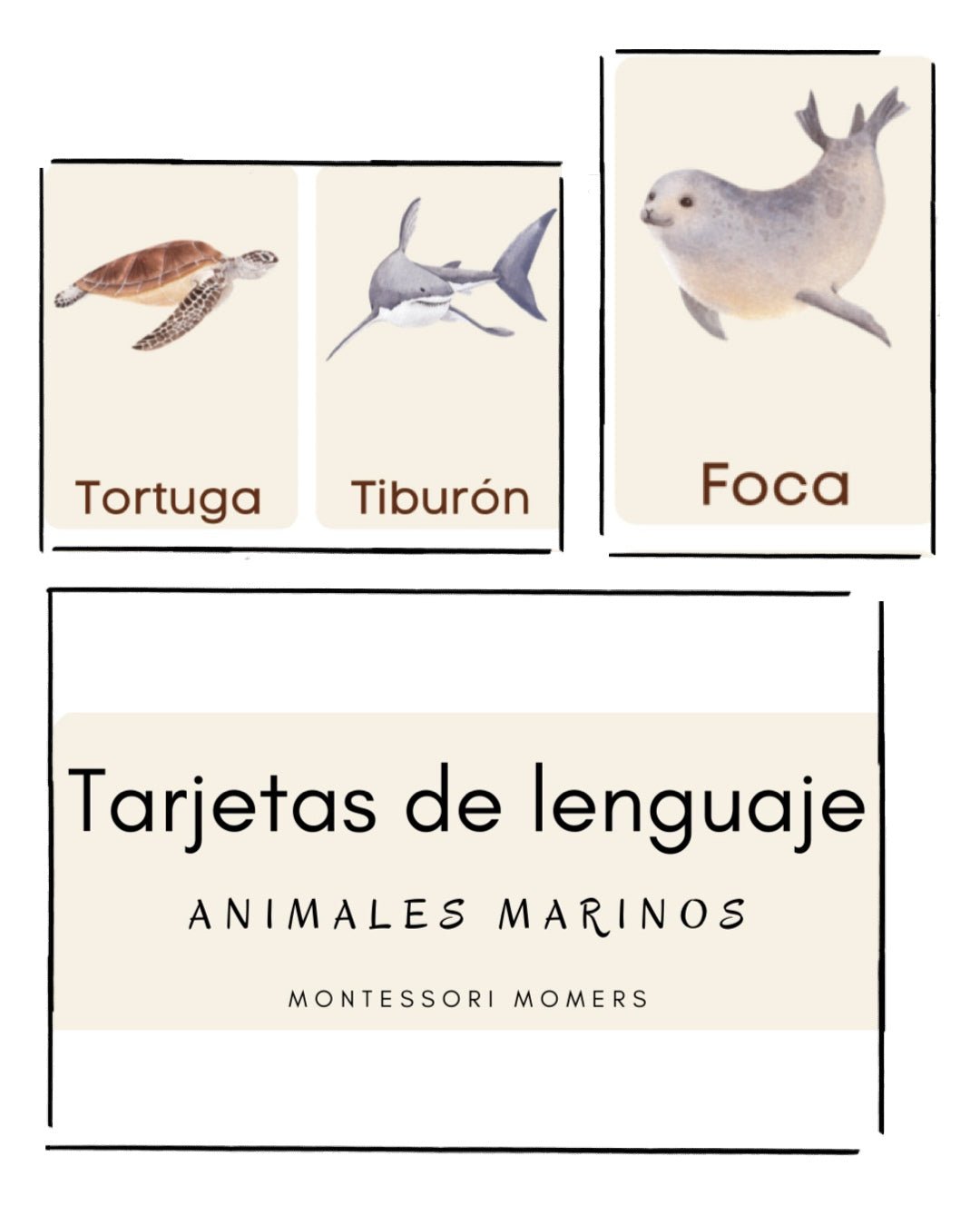 Tarjetas de lenguaje en tres partes: los animales marinos - Montessori Momers
