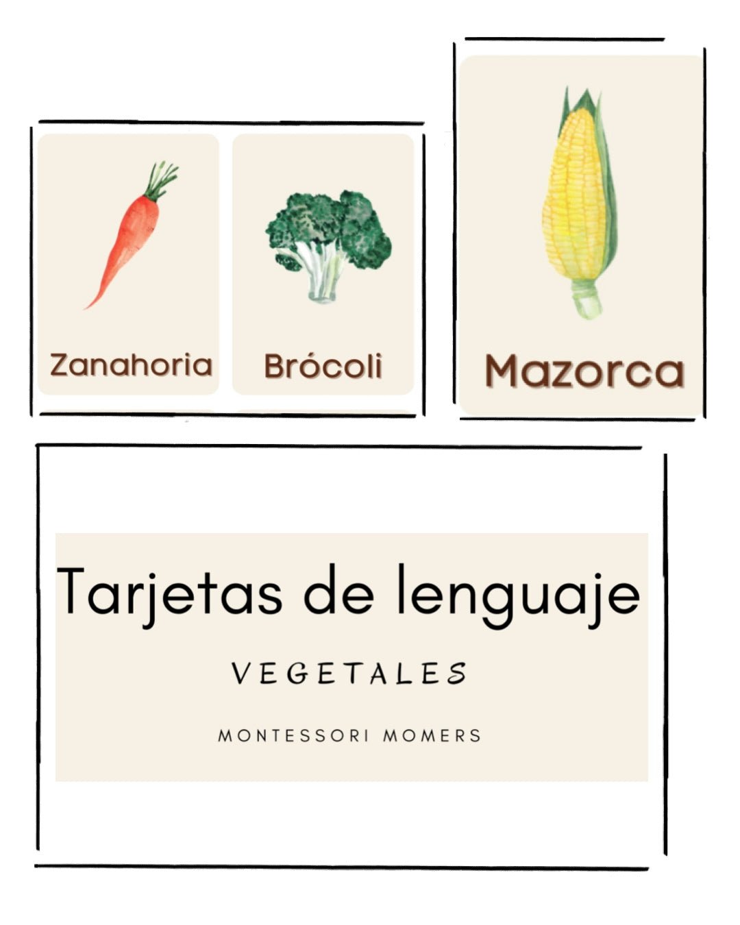 Tarjetas de lenguaje en tres partes: los vegetales - Montessori Momers