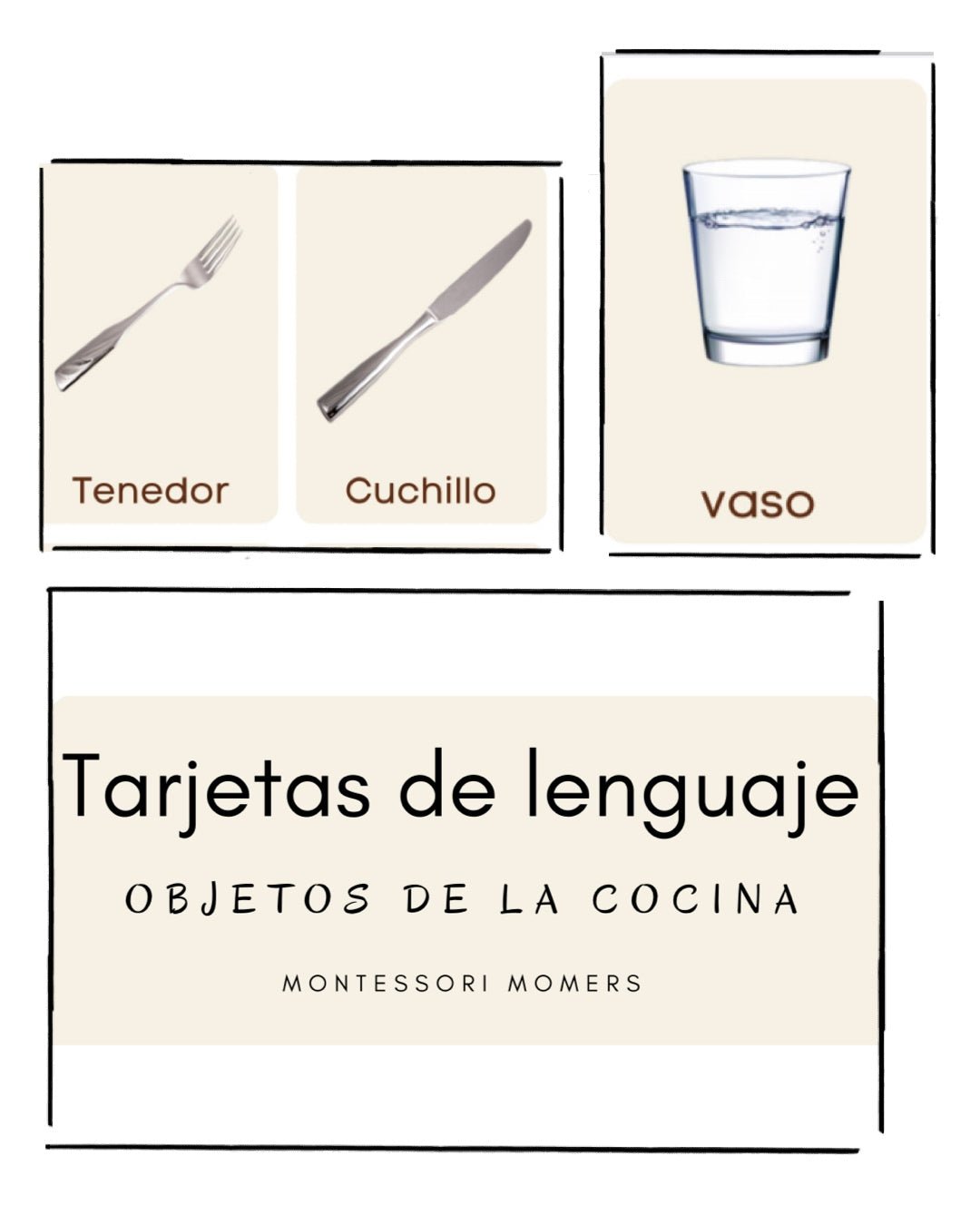 Tarjetas de lenguaje en tres partes: objetos de cocina - Montessori Momers