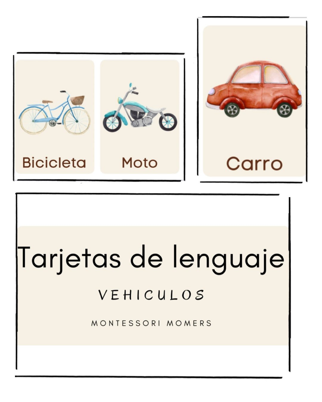 Tarjetas de lenguaje en tres partes: vehiculos - Montessori Momers