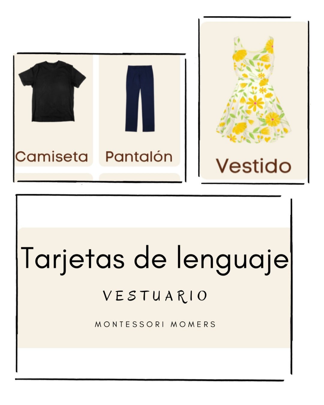 Tarjetas de lenguaje en tres partes: vestuario - Montessori Momers